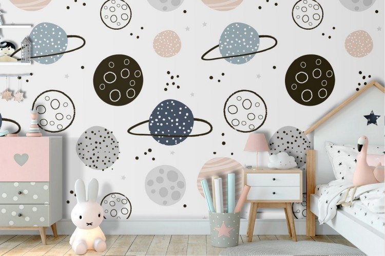 Children's wallpaper with stylized planets.