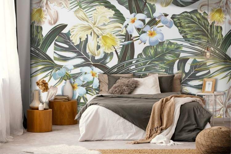 Tropical leaves and flowers wallpaper decoration.