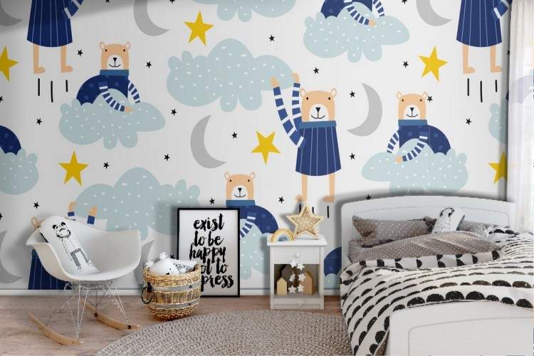 Children's wallpaper decoration with animals and stars.