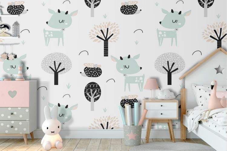 Wallpaper decoration children animals and trees.