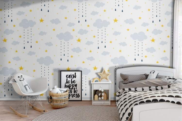 Children's wallpaper with clouds and stars pattern.