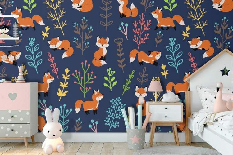 Children's wallpaper decoration with foxes.