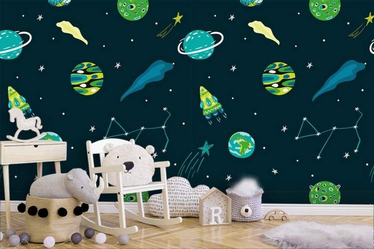 Children's wallpaper with planets, space and rockets.