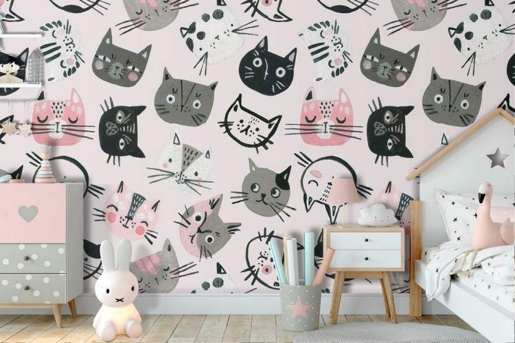 Children's wallpaper with stylized cats.