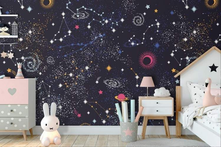 Children's Wallpaper with starry sky and planets.