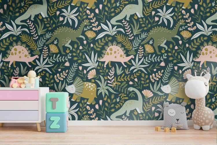 Wallpaper pattern children dinosaurs and leaves.