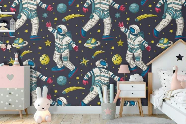 Children's wallpaper pattern astronaut in space.