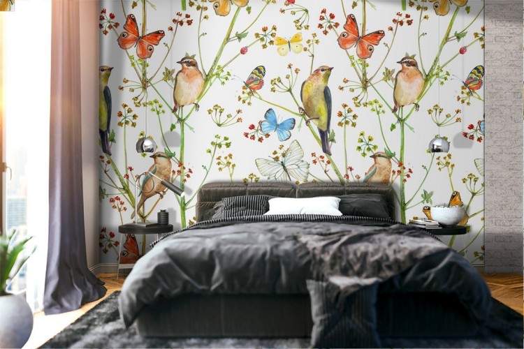 Wallpaper nature pattern with butterflies and little birds.