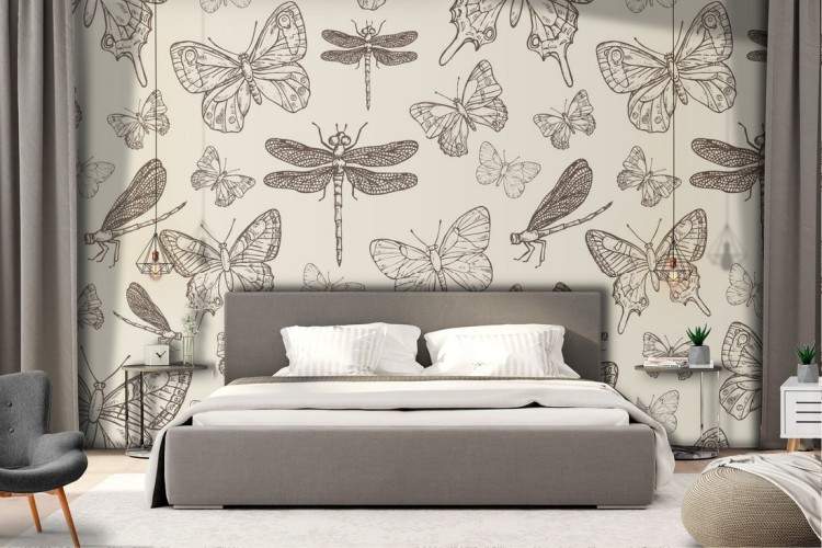 Wallpaper pattern butterflies and dragonflies.