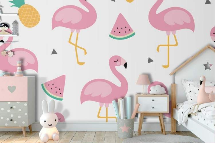 Children's wallpaper decoration pink flamingos.