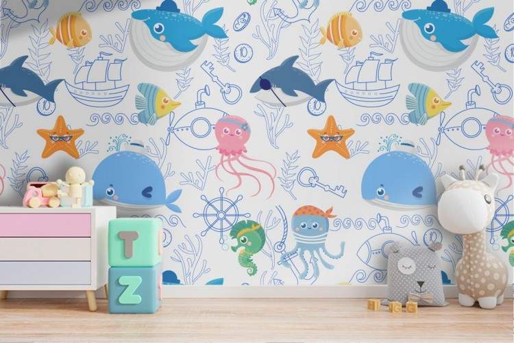 Kids wallpaper stylized animals fish.