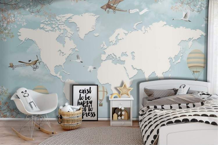 Wallpaper mappamondo con aereoplani e mongolfiere