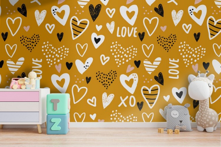 Children's wallpaper with LOVE written and hearts.