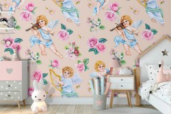 Vintage wallpaper with angels and roses for children.