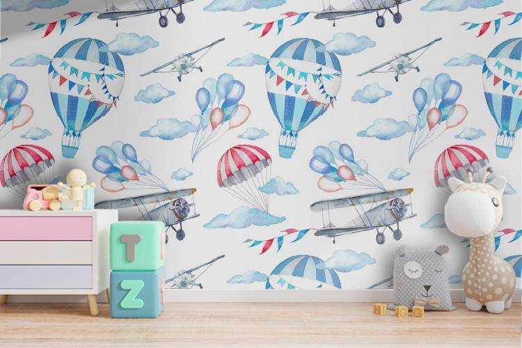 Hot air balloons and airplanes pattern children's wallpaper.