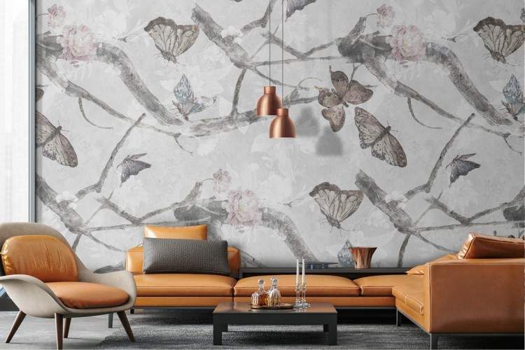 Modern nature wallpaper with butterflies and flowers.