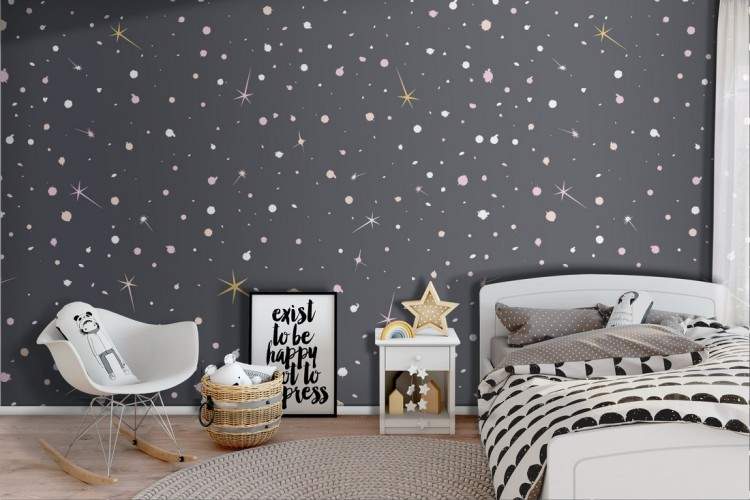 Children's wallpaper with stars and planets in the sky.