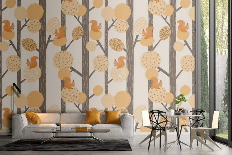 Children's wallpaper stylized trees autumn leaves.