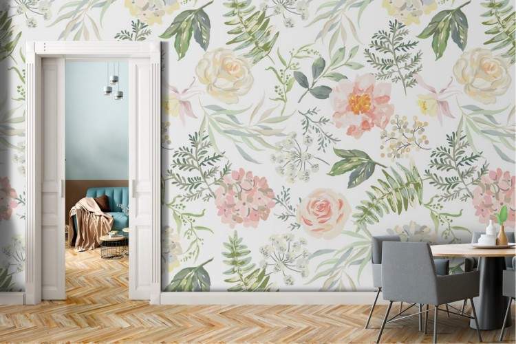 Vintage nature decoration wallpaper with leaves and flowers.