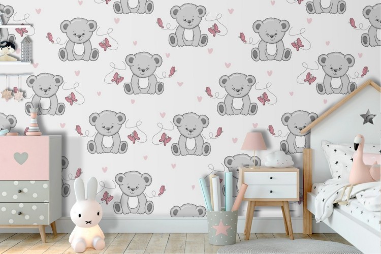 Wallpaper bears and butterflies children's animal pattern.