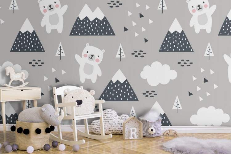 Wallpaper with stylized bears and mountains for children.