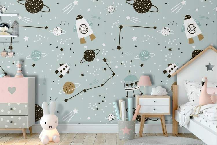 Wallpaper spaceships and planets pattern for children.