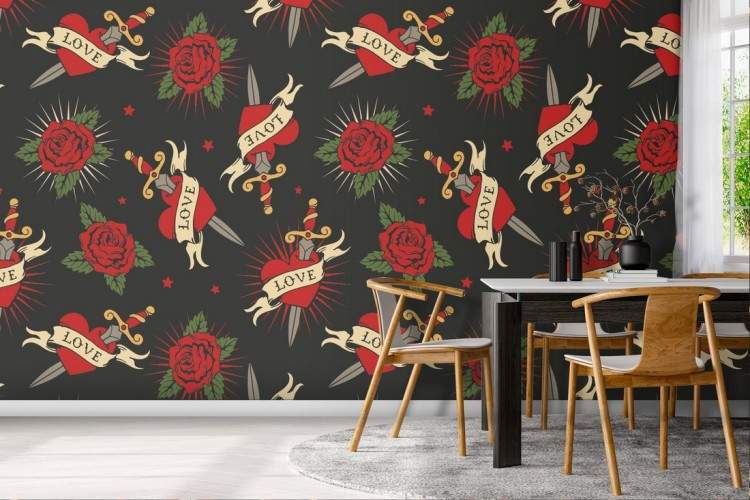 Red roses and hearts wallpaper, LOVE punk decoration.