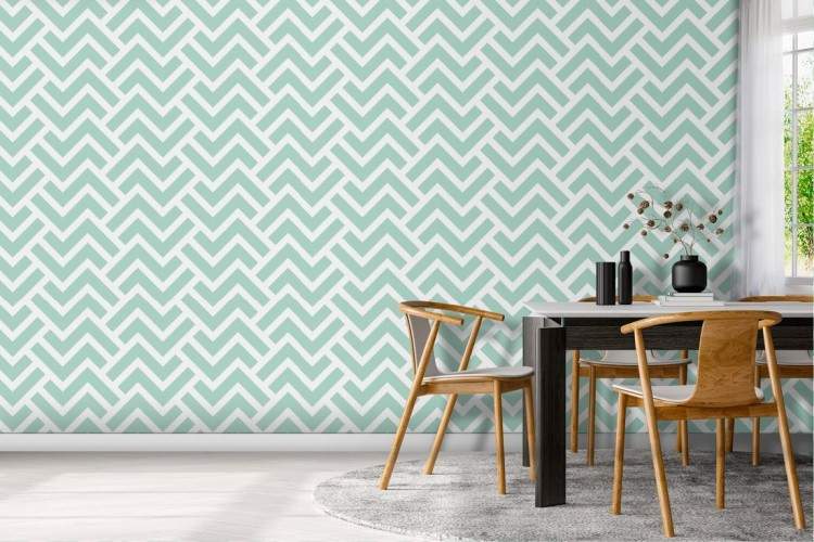 Wallpaper with '70s stripe pattern in teal green.