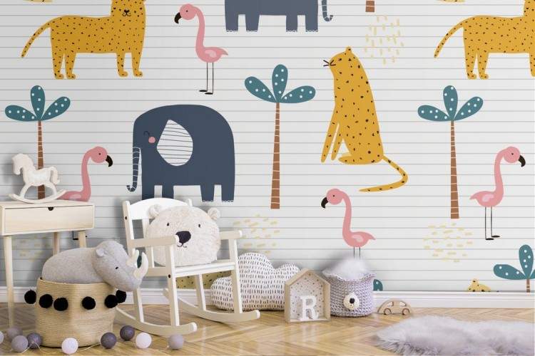 Wallpaper with stylized elephants and tigers for children.