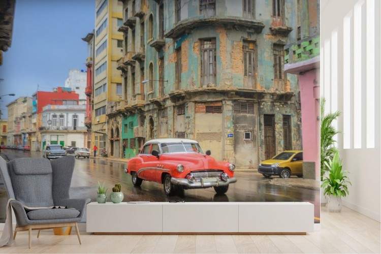 Wallpaper paesaggio città vintage con macchine