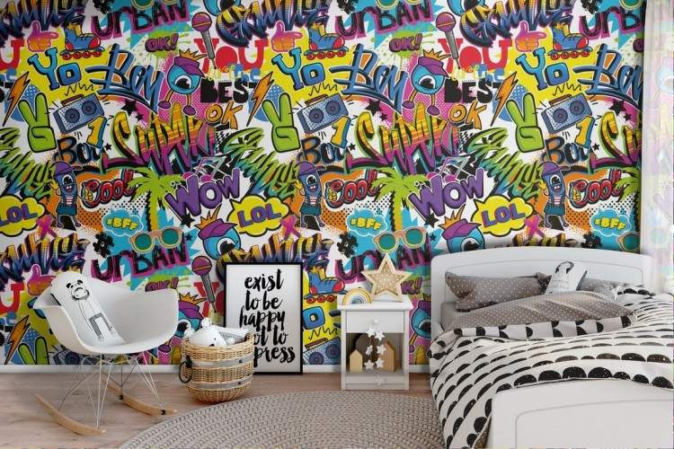 Wallpaper with urban pop writings for children.