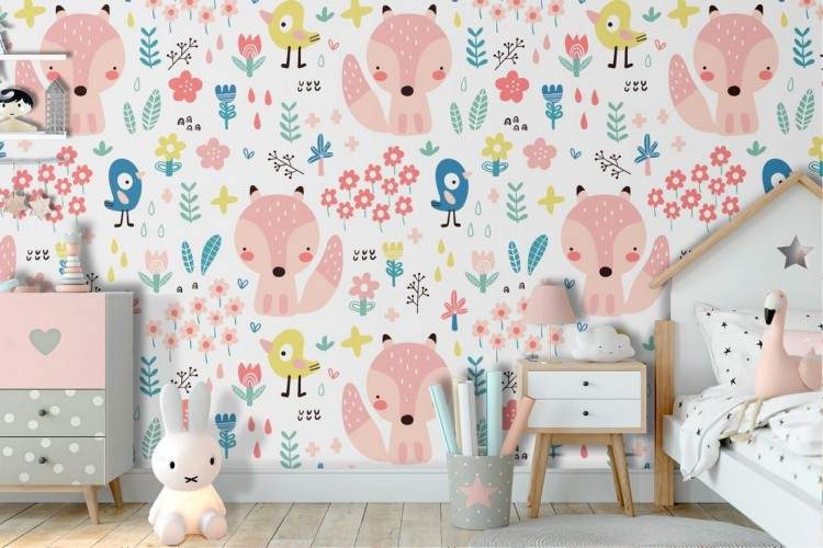 Wallpaper with stylized animals and flowers for children.