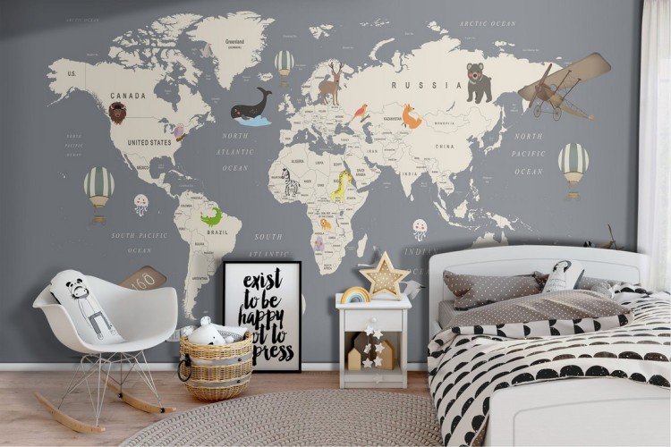 World map wallpaper with animals and vehicles