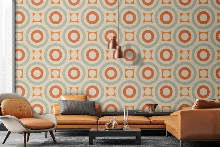 Wallpaper with circles and 70s geometric patterns.