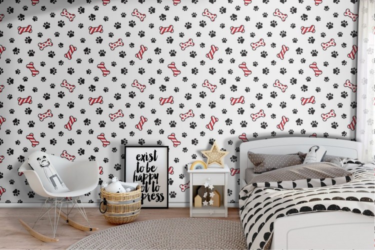 Animal bones and paws pattern children's polka dot wallpaper.