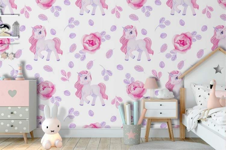 Wallpaper unicorni e fiori rosa pattern bambini.