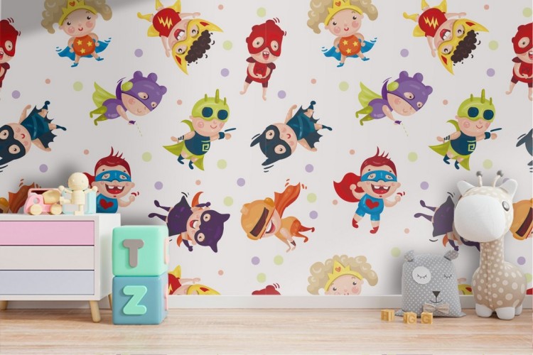 Superheroes characters pattern children's wallpaper.