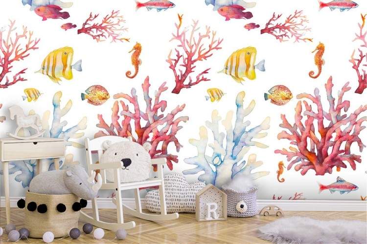 Wallpaper with coral and fish pattern for children.