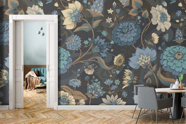 Vintage blue wallpaper with leaf and flower pattern.