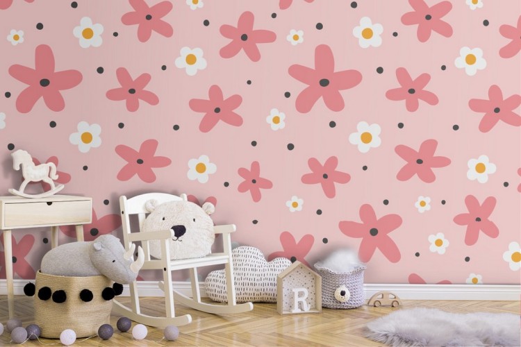 Pink flowers stylized wallpaper children's decoration.