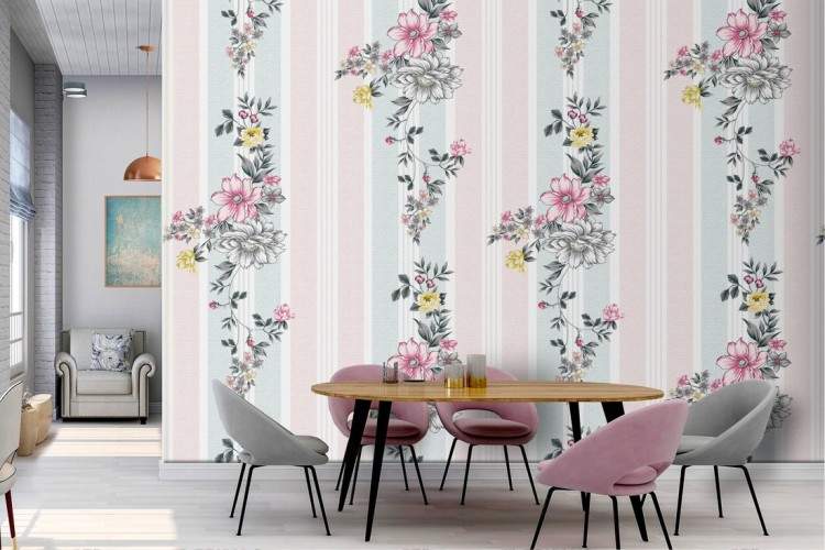 Wallpaper with stylized flowers and pink and blue stripes.