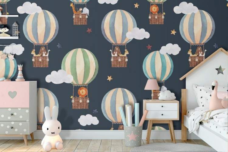 Hot air balloon pattern children's wallpaper.