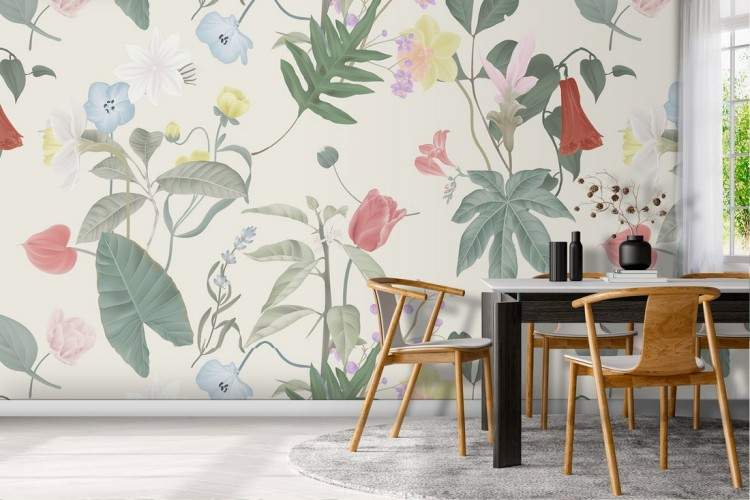 Refined nature pattern wallpaper with flowers and leaves.