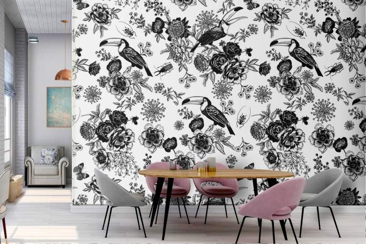 Wallpaper with tropical flowers and birds nature pattern.