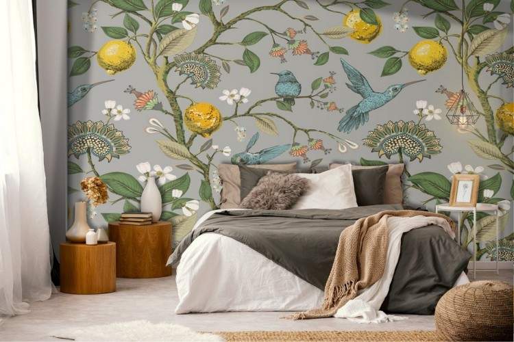 Vintage nature wallpaper with flowers, leaves, and little birds.