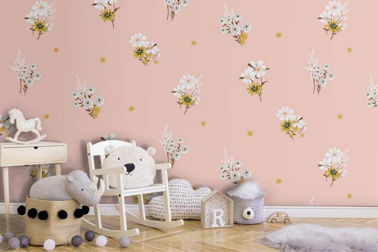 Daisy nature polka dot wallpaper for children.