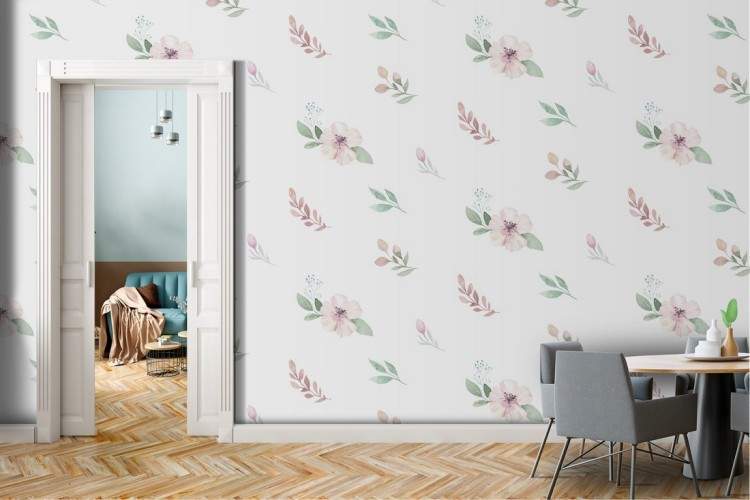 Wallpaper with stylized minimal nature leaves and flowers.