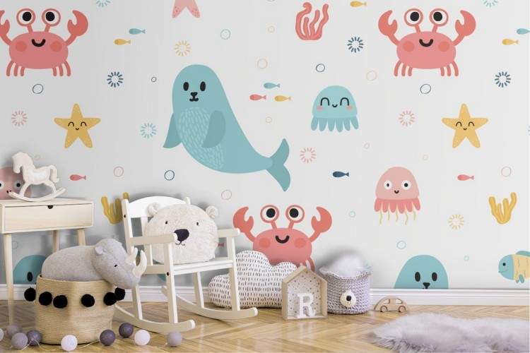 Wallpaper seals crabs sea animals pattern for children.