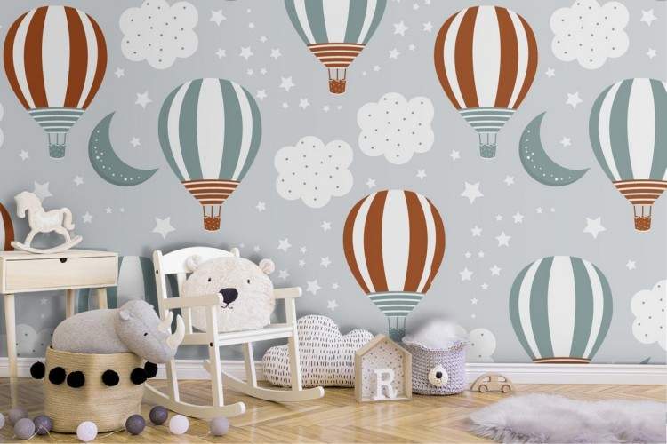 Hot air balloon pattern children's wallpaper.