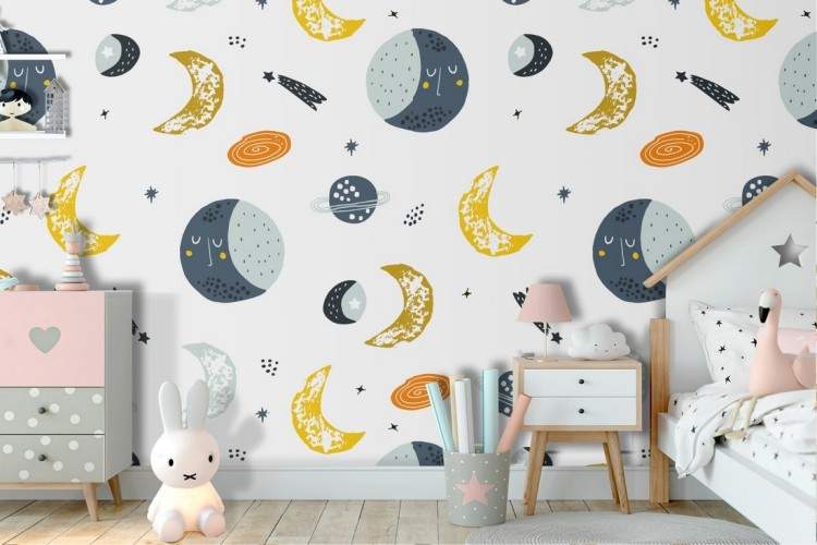 Wallpaper moon and planets children's decoration.